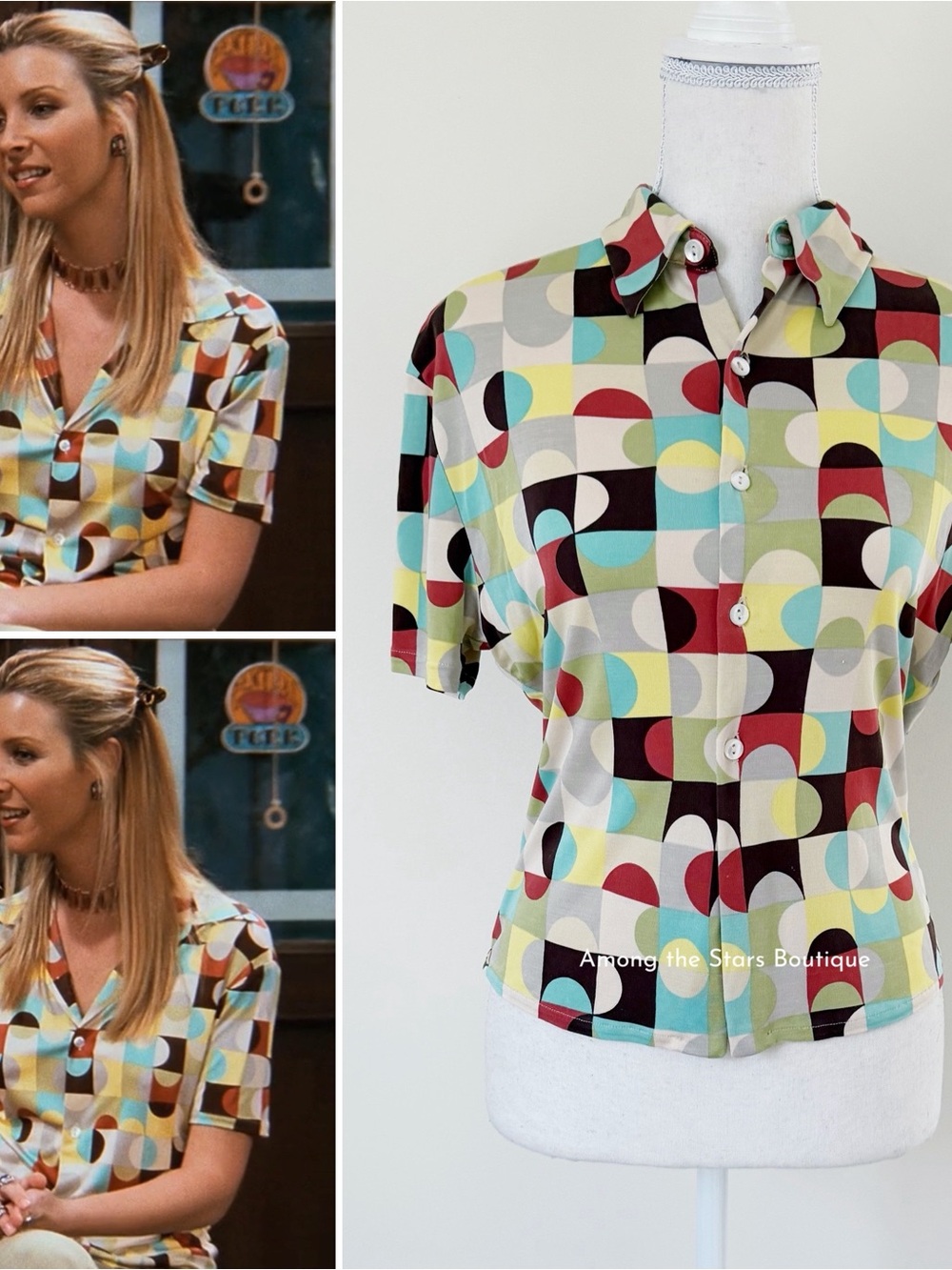 Super Rare 90s Vintage Retro Mod Geometric Print Button-Up ASO Phoebe in Friends